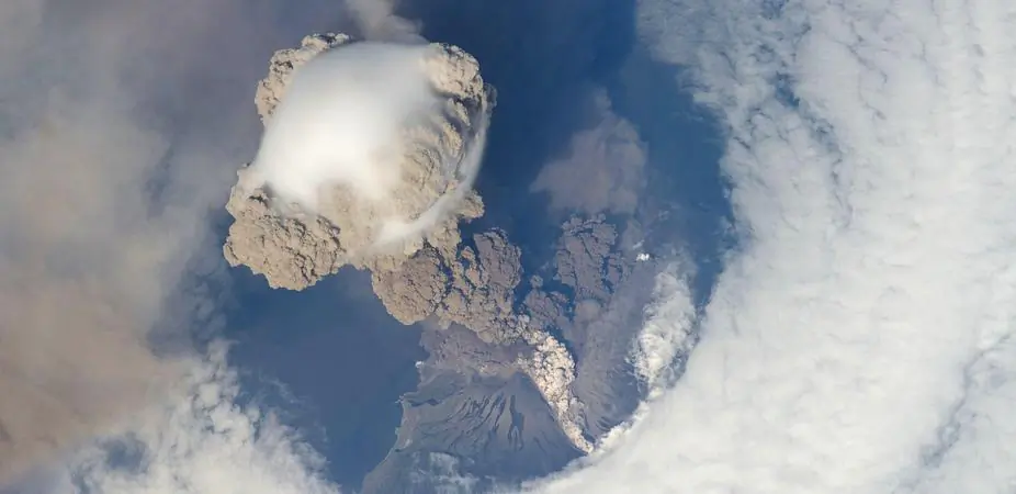 The explosive eruption of Sarychev Volcano, on Russia’s Kuril Islands, northeast of Japan, seen from the International Space Station. (NASA Goddard/Flickr, CC BY)