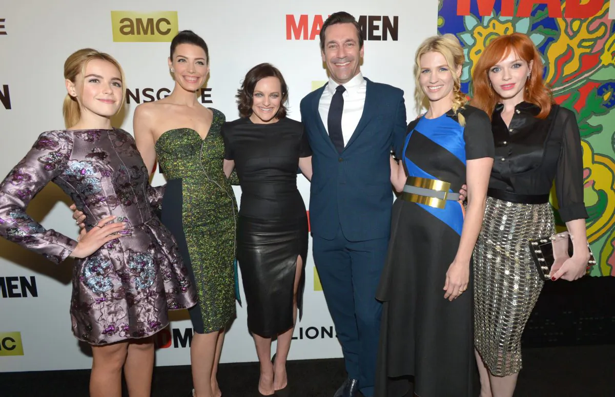 Kiernan Shipka, and from left, Jessica Pare, Elisabeth Moss, Jon Hamm, January Jones and Christina Hendricks arrive at the LA premiere of "Mad Men" season 7 on Wednesday, April 2, 2014, in Los Angeles. (Photo by John Shearer/Invision for AMC/AP Images)