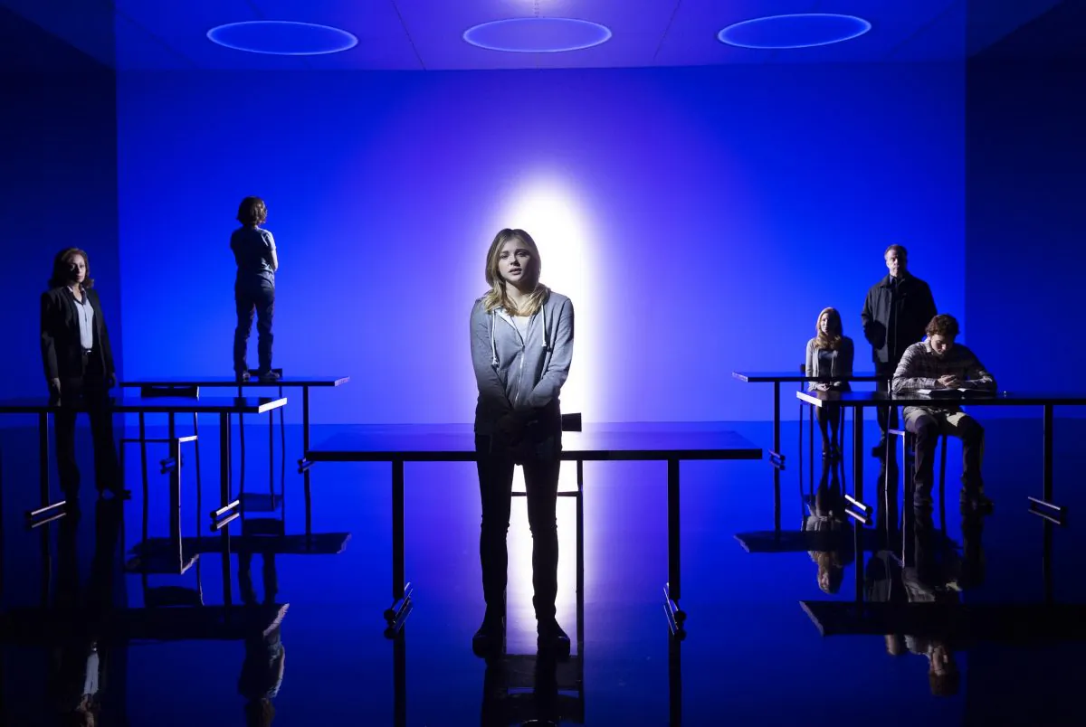 Caitlin Gabriel (Chloë Grace Moretz) and cast in the world premiere of “The Library.” (Joan Marcus)
