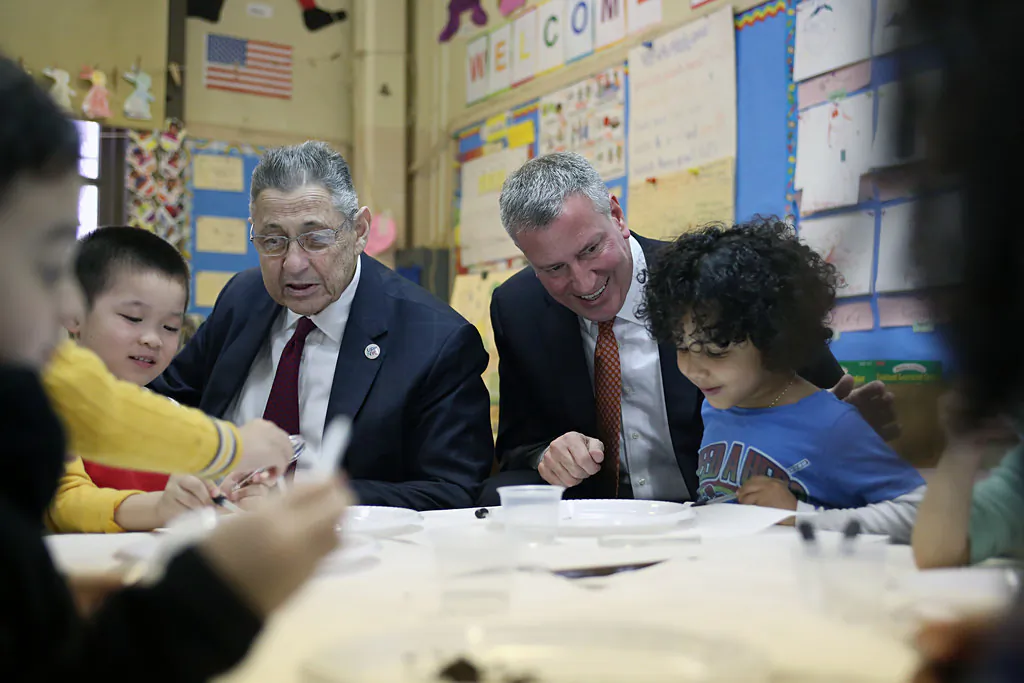 Mayor Bill de Blasio and Sheldon Silver, Speaker of the New York State Assembly, visit P.S. 1 in Chinatown on Thursday. (Rob Bennett for the Office of Mayor Bill de Blasio)