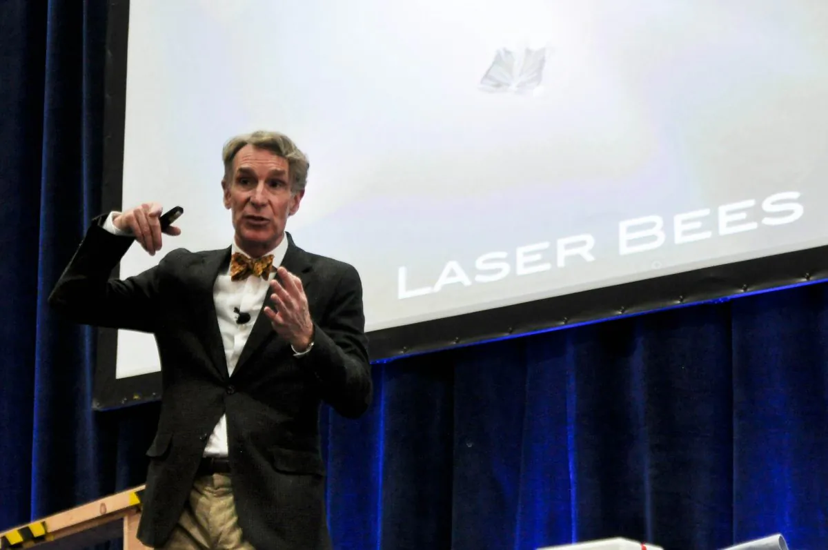 Bill Nye talks about laser bees at the annual USA Science & Engineering Festival in Washington, D.C., on April 27, 2014. (Tara MacIsaac/Epoch Times)