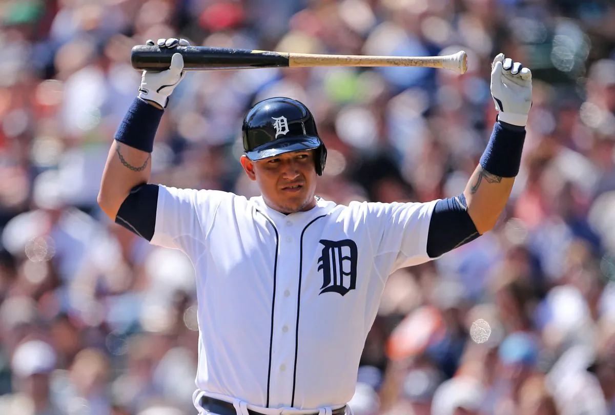 Miguel Cabrera of the Detroit Tigers reacts after striking out on April 20, 2014. (Leon Halip/Getty Images)