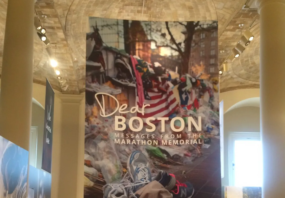 The entrance to the Dear Boston: Messages from the Marathon Memorial exhibit in the central branch of the Boston Public Library in Copley square, just steps from the finish line of the Boston Marathon.  April 18, 2014.  (Phoebe Ryles/Epoch Times)