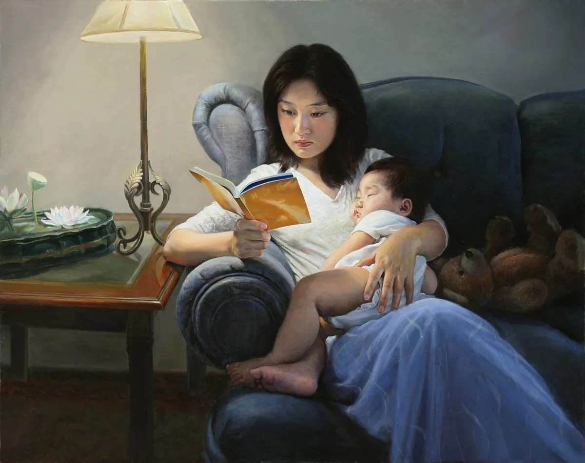 “Illumination” by Xiaoping Shen is one of the works on display in the upcoming Zhen, Shan, Ren art exhibition at Ottawa City Hall. A woman studies the teachings of Falun Gong, denoting spiritual illumination, while the sleeping child signifies the harmonious balance that can be found between a rigorous spiritual life and regular family life. (The Art of Zhen Shan Ren International Exhibition)