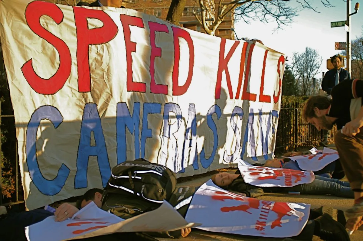 Activist group Right of Way on Grand Street between Columbia and Lewis streets, Lower East Side, New York, on April 9, 2014. (Courtesy of Right of Way)