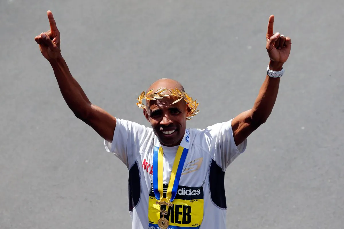 Meb Keflezighi celebrates after winning the 118th Boston Marathon on April 21, 2014 in Boston, Massachusetts. (Jim Rogash/Getty Images)