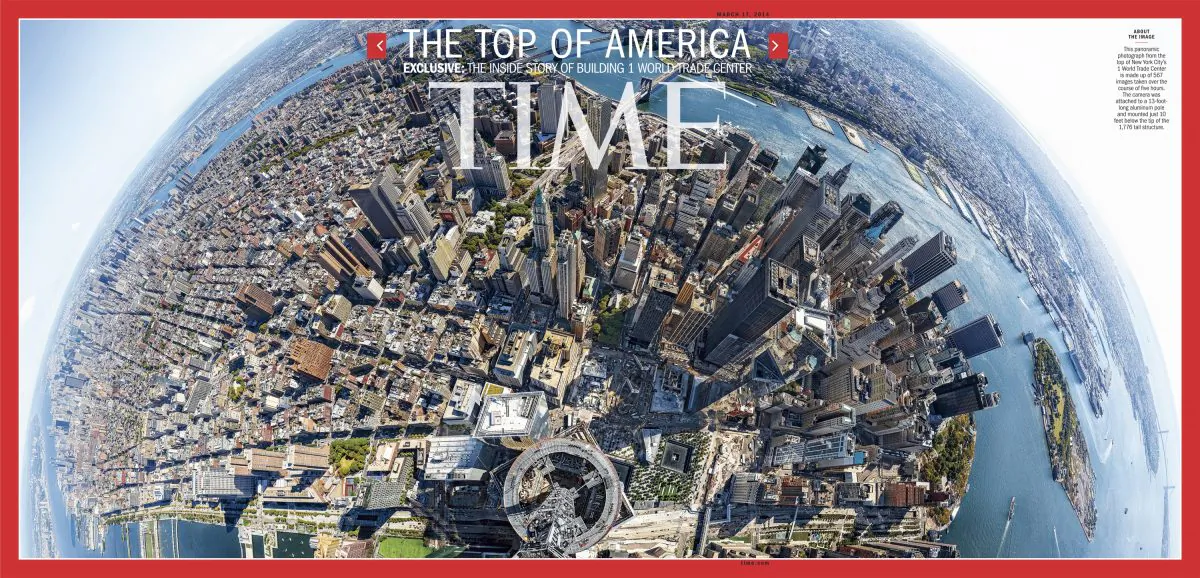 The cover of the March 17, 2014 issue of Time Magazine, featuring a panoramic photo taken from atop One World Trade Center in New York. The image is made up of 567 images taken over the course of five hours and stitched together. (Time Inc., Jonathan D. Woods and Michael Franz/AP)