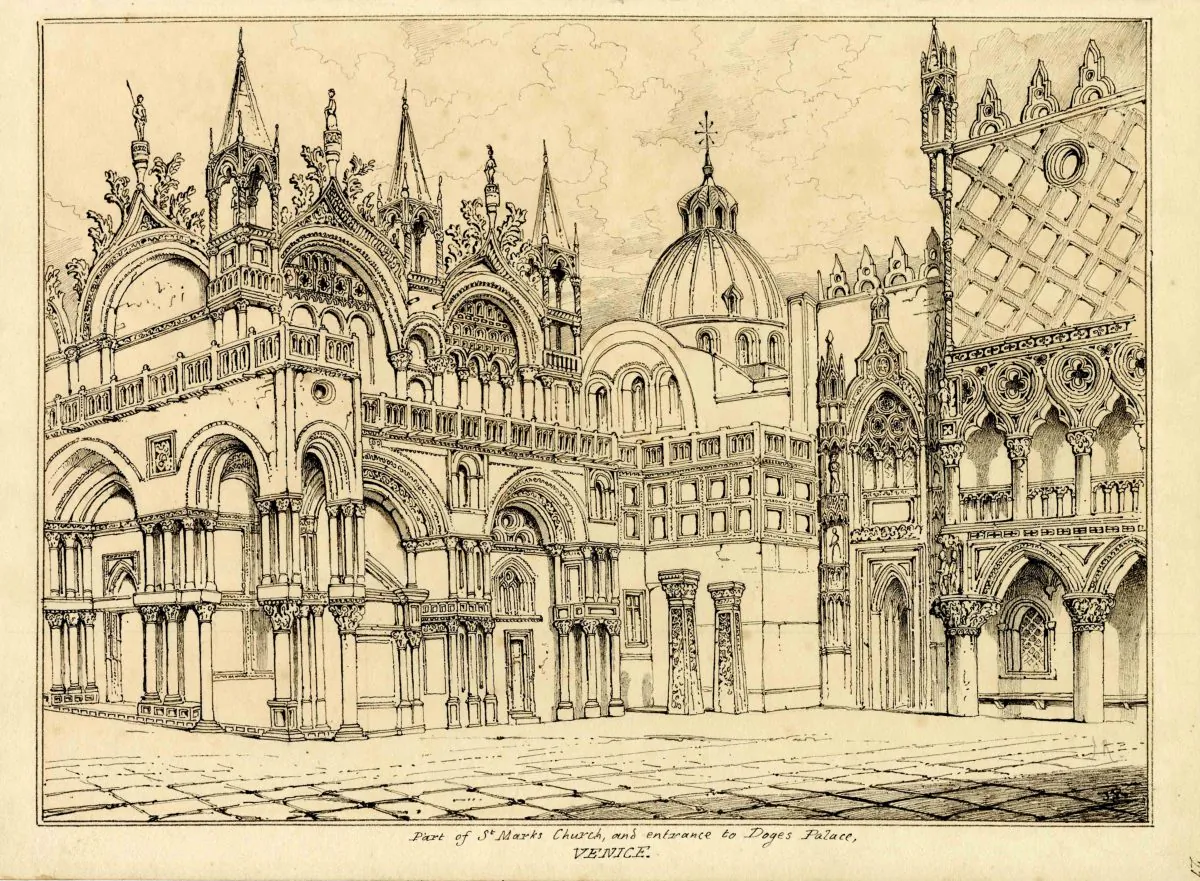 "The Piazzetta and St. Mark’s," Venice, 1835. Graphite and black ink on white paper. (Ruskin Library, Lancaster University) 