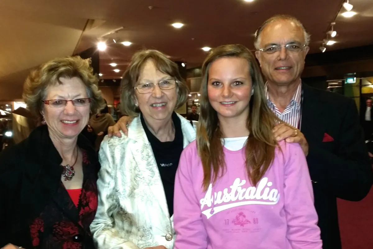Professor Tony Phillips with his wife and friend and a Swiss student enjoy Shen Yun Performing Arts at the Adelaide Festival Theatre, on April 19. (Epoch Times)