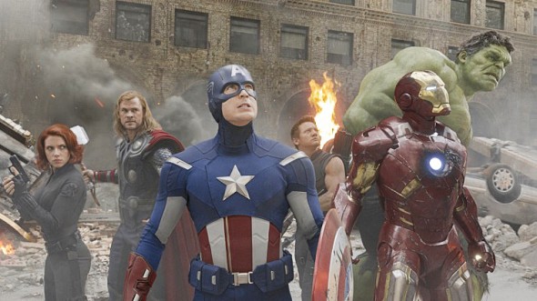 The Hulk, Captain America, Thor, Iron Man, Black Widow, and Hawkeye are seen in this still from the first Avengers film. (Courtesy of Walt Disney)