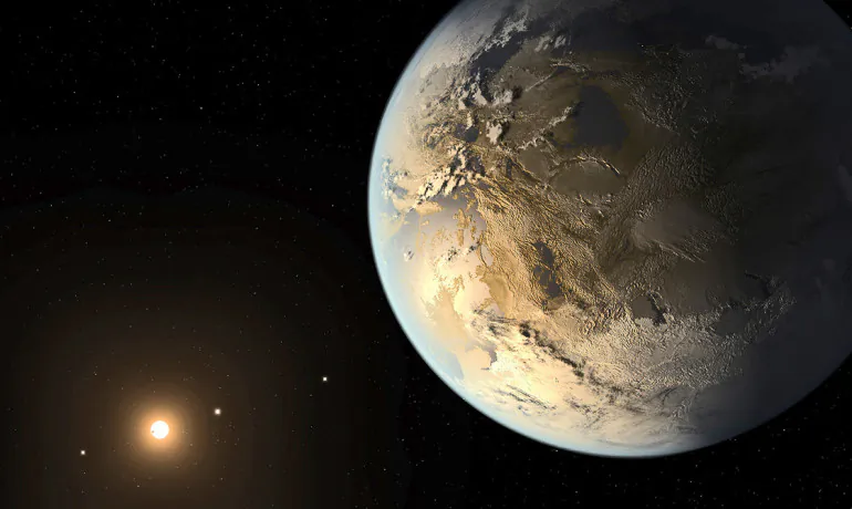 An artist's conception of the newly discovered exoplanet Kepler-186f orbiting the red dwarf star Kepler-186. The planet is the first Earth-sized world to be found orbiting a star at a distance that would allow it to harbor liquid water, a necessary ingredient for life as we know it. (NASA/Ames/JPL-Caltech/T. Pyle)