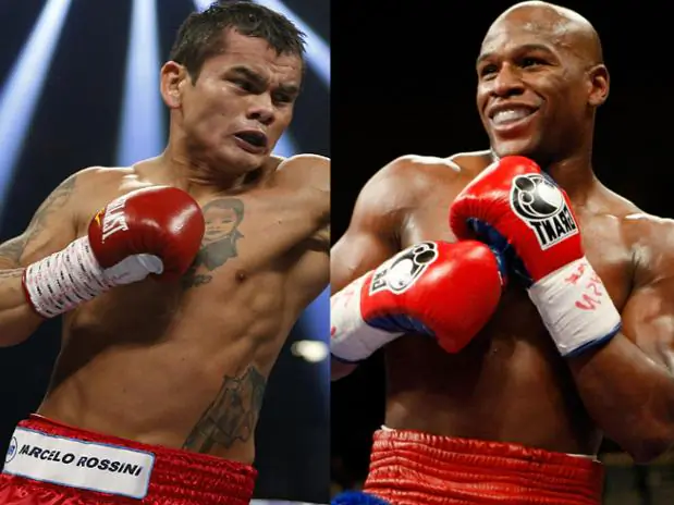 Mayweather (45-0-26) on the right. Marcos Maidana (35-3-31). (Source bing.com)