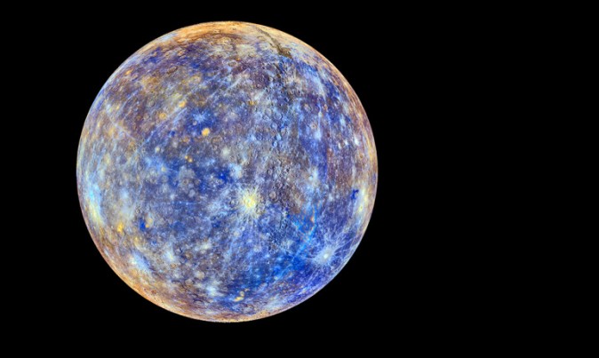 This colorful view of Mercury was produced by using images from the color base map imaging campaign during Messenger's primary mission. These colors are not what Mercury would look like to the human eye, but rather the colors enhance the chemical, mineralogical, and physical differences between the rocks that make up Mercury's surface. (NASA/Johns Hopkins University Applied Physics Laboratory/Carnegie Institution of Washington)