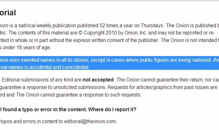 A screenshot of The Onion's FAQ shows that the website publishes satire.