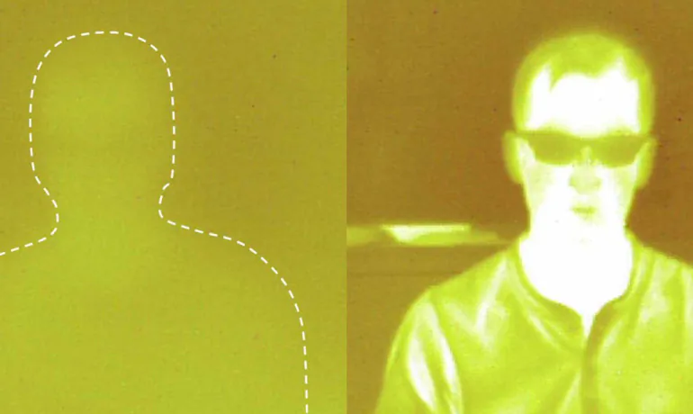 The left-hand image of researcher Jared Griebel was taken through an ordinary piece of plastic using an infrared camera. The ordinary plastic does not transmit infrared light. The image of Griebel on the right was taken through a piece of the new sulfur-based plastic with an infrared. (Courtesy of Eustace L. Dereniak, University of Arizona College of Optical Sciences)