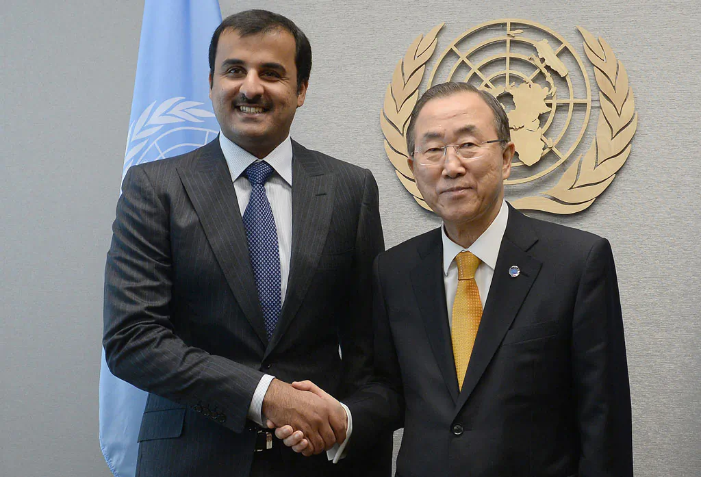 UN Secretary-General Ban Ki-moon meets with Qatar Emir Sheikh Tamim bin Hamad Al-Thani, during the 68th United Nations General Assembly, in New York, September 24, 2013. (Emmanuel Dunand/AFP/Getty Images)