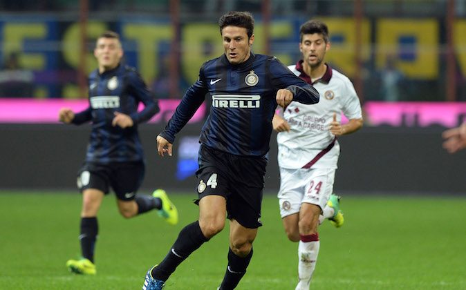 Javier Zanetti of FC Inter Milan in action during the Serie A match between FC Internazionale Milano and AS Livorno Calcio at San Siro Stadium on November 9, 2013 in Milan, Italy. (Photo by Claudio Villa/Getty Images)