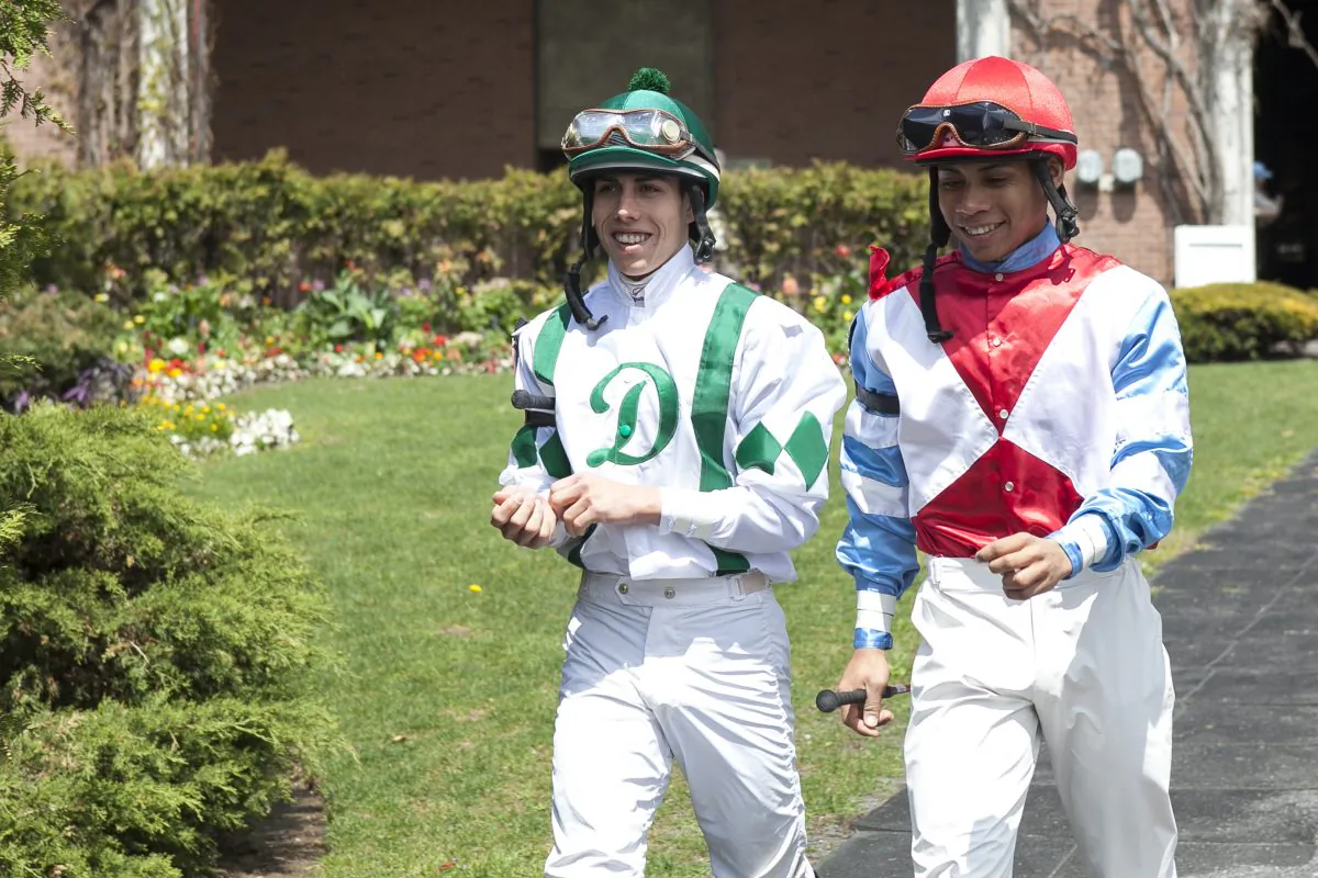 Kentucky Derby competitors Irad Ortiz (L) and his brother Jose Ortiz at Belmont Park Racetrack, New York, May 1, 2014. (Samira Bouaou/Epoch Times)