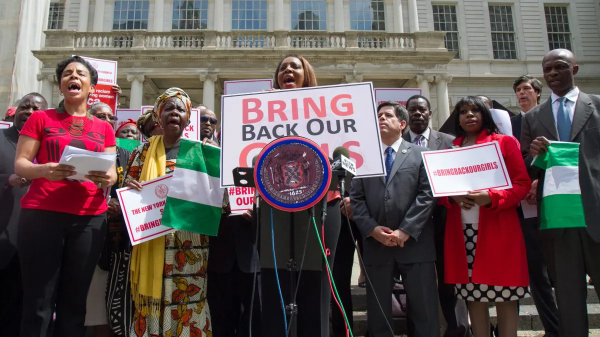 NYC Council Member Letitia James speaks during a rally on the NY city hall steps to bring justice to the Nigerian Islamist rebel group who kidnapped more than 200 school girls in Nigeria. (Benjamin Chasteen/Epoch Times)