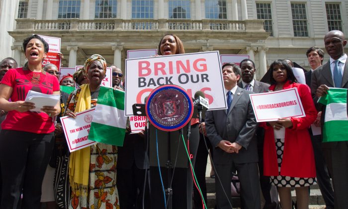 NYC Council Member Letitia James speaks during a rally on the NY city hall steps to bring justice to the Nigerian Islamist rebel group who kidnapped more than 200 school girls in Nigeria. (Benjamin Chasteen/Epoch Times)