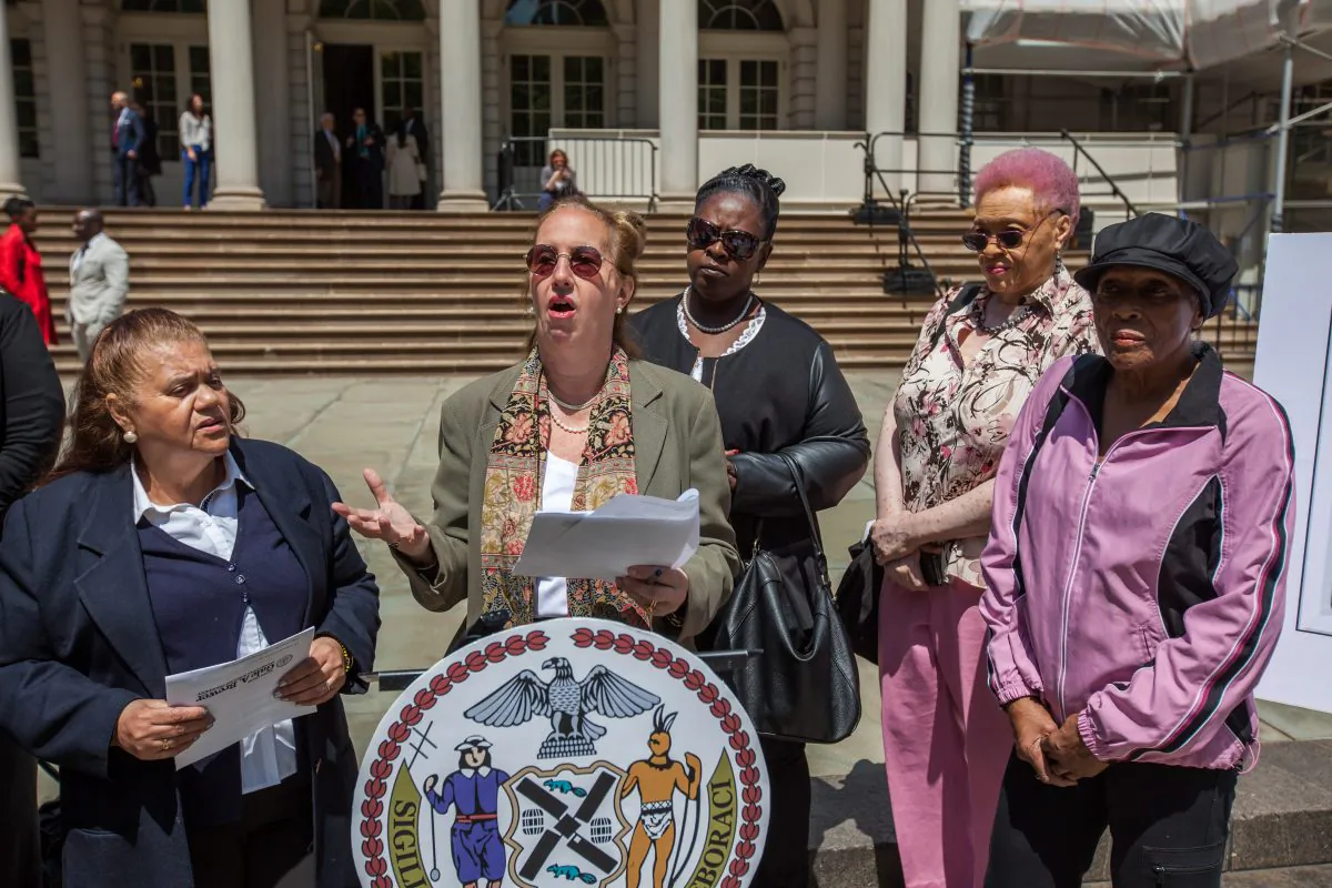 In this file photo, Manhattan Borough President Gale A. Brewer talks about summer food program at a press conference in front of the City Hall, Manhattan, May 29. (Petr Svab/Epoch Times)