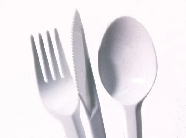 Cutlery, Plastic Knife Spoon Fork. (Photo by Jeff Overs/BBC News & Current Affairs via Getty Images)