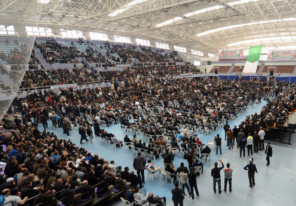 Algerians attend a gathering organized by political parties calling for the boycott of Algeria's April 17 presidential election, in the capital Algiers on March 21, 2014. There is growing anger and derision in Algeria over Bouteflika's intention to run due to his fragile health, with protests multiplying and many critics arguing that he is in no fit state to run the country. (Farouk Batiche/AFP/Getty Images)