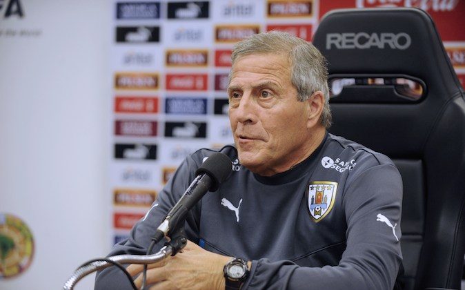 The coach of the Uruguayan national football team, Oscar Washington Tabarez, offers a press conference at the squad's training complex Complejo Celeste, in the department of Canelones near Montevideo, on May 26, 2014 ahead of the FIFA World Cup Brazil 2014 tournament. (MIGUEL ROJO/AFP/Getty Images)