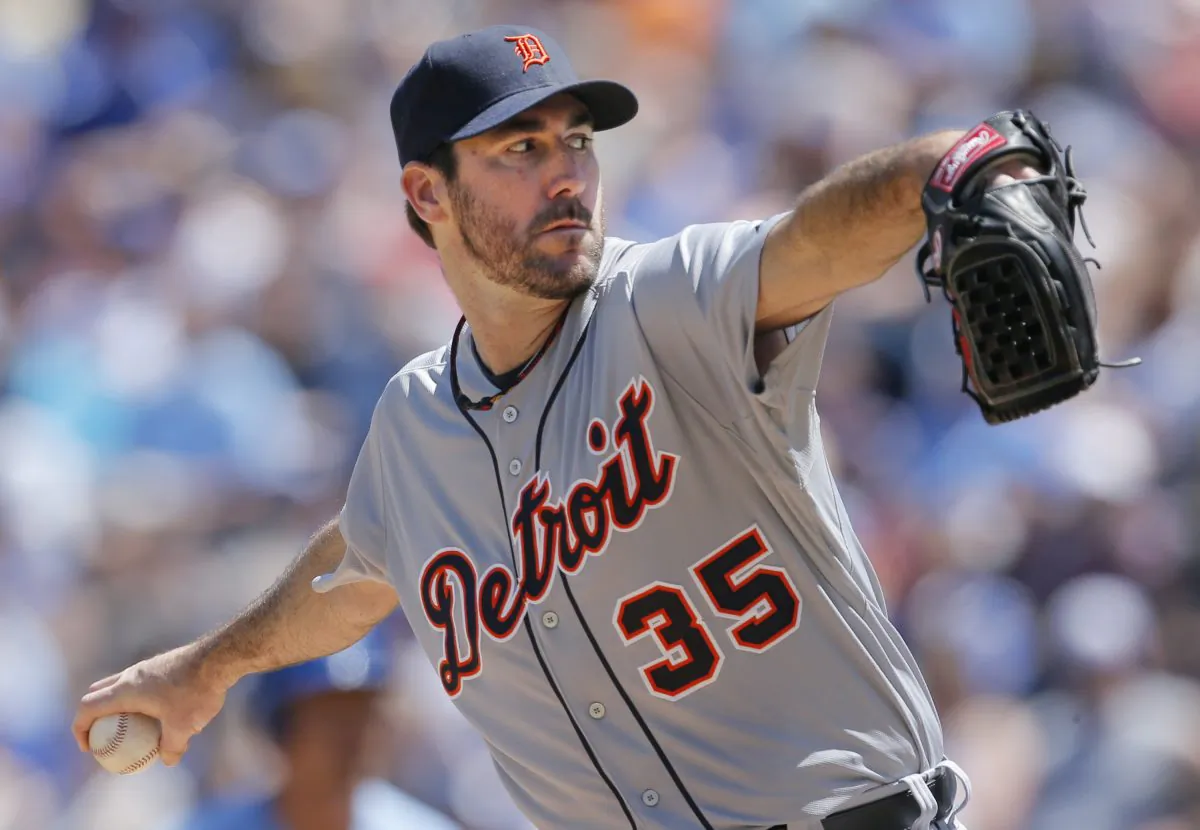 Detroit Tigers starting pitcher Justin Verlander delivers to a Kansas City Royals batter during the first inning of a baseball game in Kansas City, Mo., Sunday, May 4, 2014. (AP Photo/Orlin Wagner)