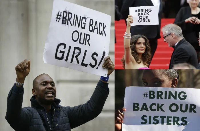 Right: A demonstrator holds a banner, during a protest in London, UK, about the kidnapping of girls in Nigeria. (AP Photo/Kirsty Wigglesworth) Top left: Actress Salma Hayek holds a similar sign. (AP Photo/Thibault Camus) Bottom left: A girl from a Soweto, South Africa calls for the release of the Nigerian schoolgirls. (AP Photo/Denis Farrell)