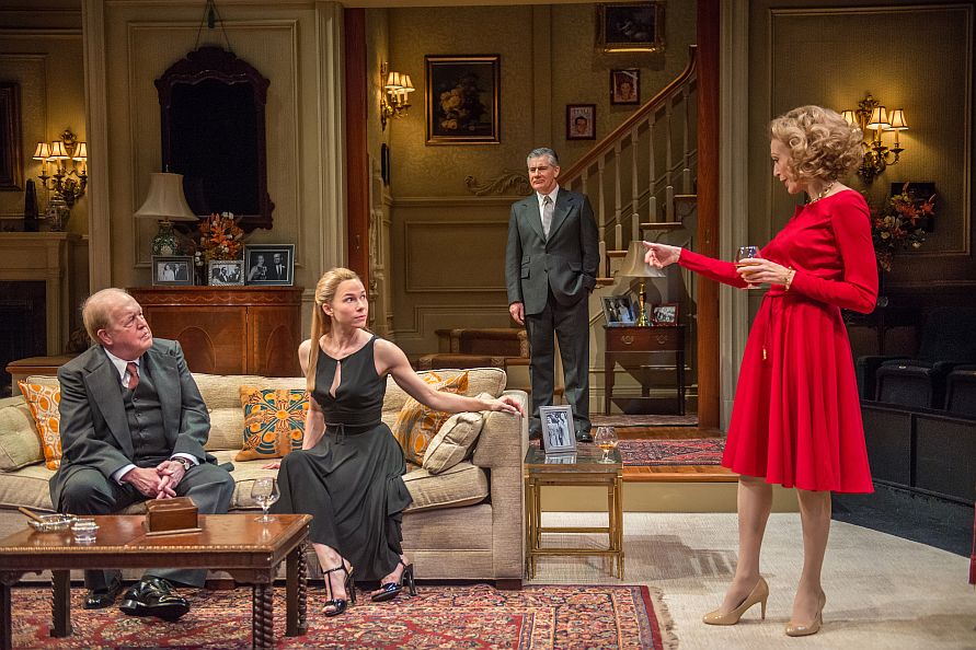 (L–R) George Mallonee (John Aylward), Anna Fitzgerald (Kristen Bush), Senator Chandler Harris (Kevin O’Rourke, and Hester Ferris (Jan Maxwell) engage in a serious political discussion that shows the women to be at odds. (Stephanie Berger)