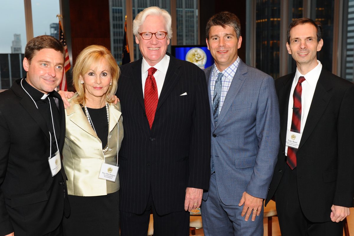 (L-R) Christophers Chaplain Rev. Jonathan Morris; Christophers vice president/COO Mary Ellen Robinson; Bob Dotson, author of "American Story;" Wayne B. Drash, author of "On These Courts;" and Tony Rossi, Christophers director of communications. (Courtesy of The Christophers)