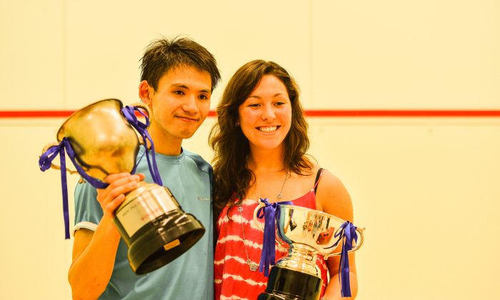 Max Lee Ho Yin and Amanda Sobhy celebrate their respective wins in the Men’s and Women’s Finals of the HKFC Meco PSA/WSA International 25 tournament at the Hong Kong Football Club on Saturday May 24. (Eddie So)