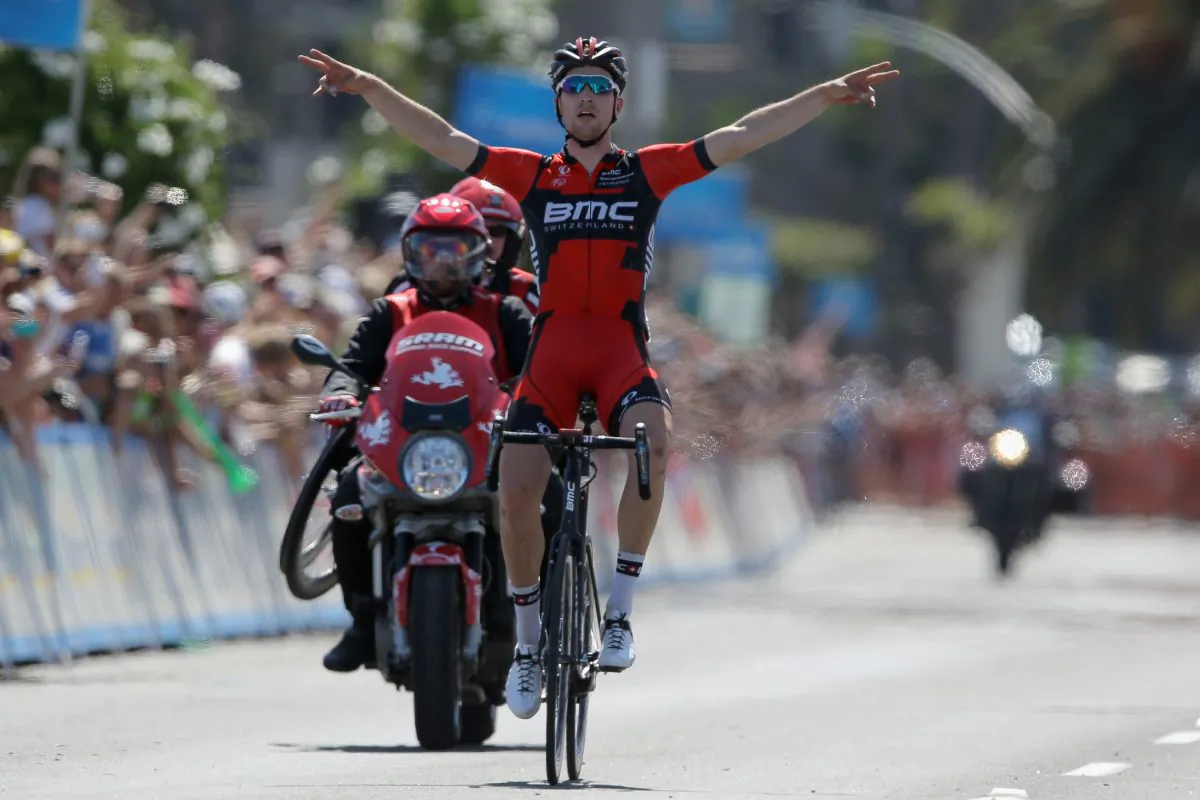 Taylor Phinney of BMC celebrates as he crosses the finish line to claim victory in Stage Five of the 2014 Amgen Tour of California from Pismo Beach to Santa Barbara on May 15, 2014 in Santa Barbara, California. (Doug Pensinger/Getty Images)