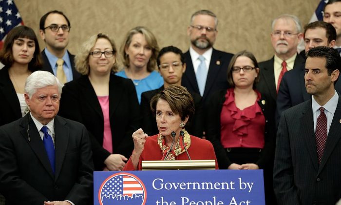 House Minority Leader Rep. Nancy Pelosi (D-Calif.) speaks during an event to announce the introduction of the Government by the People Act in Washington, D.C., on Feb. 5, 2014. The act is billed by Democrats as a “bipartisan bill to reduce the influence of big money in politics and provide key reforms to our nation's campaign finance laws.” (Win McNamee/Getty Images) 
