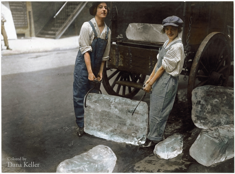  Girls help deliver ice on Sept. 16, 1918—work usually done by men—to help out during WWI, colorized by Dana Keller.