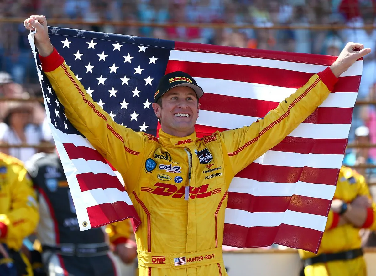 Ryan Hunter-Reay, driver of the #28 DHL Andretti Autosport Dallara-Chevrolet celebrates winning the 98th running of the Indianapolis 500 Mile Race on May 24, 2014 at the Indianapolis Motor Speedway in Indianapolis, Indiana. (Jonathan Ferrey/Getty Images)