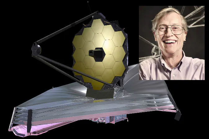 Left: An artist's illustration of the James Webb Space Telescope (JWST). (NASA) Right: John Mather, senior project scientist on the JWST. (Chris Gunn/NASA)