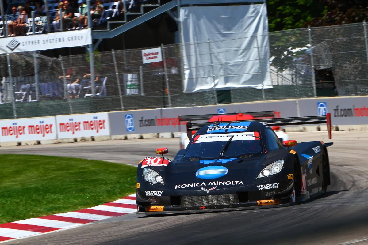 The #10 Konica-Minolta Wayne Taylor Racing Dallara-Corvette driven by Ricky and Jordan Taylor took its first win of the season at the Tudor United SportsCar Championship Chevrolet SportsCar Challenge at Detroit-Belle Isle street circuit, May 31, 2014. (Halston Pitman/MotorSportsMedia)