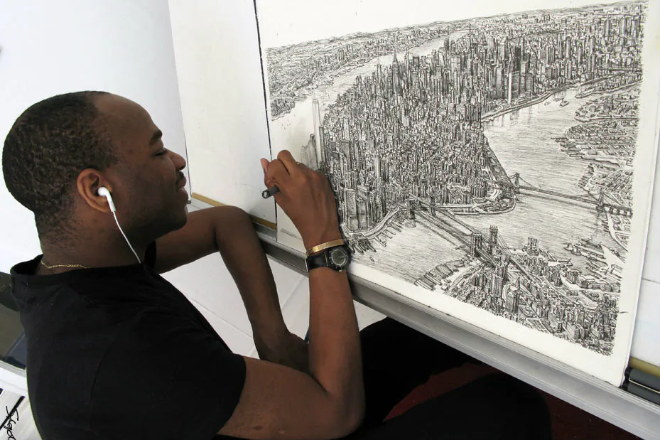 Stephen Wiltshire draws Manhattan from memory after a helicopter ride overhead. (Courtesy of Stephen Wiltshire)