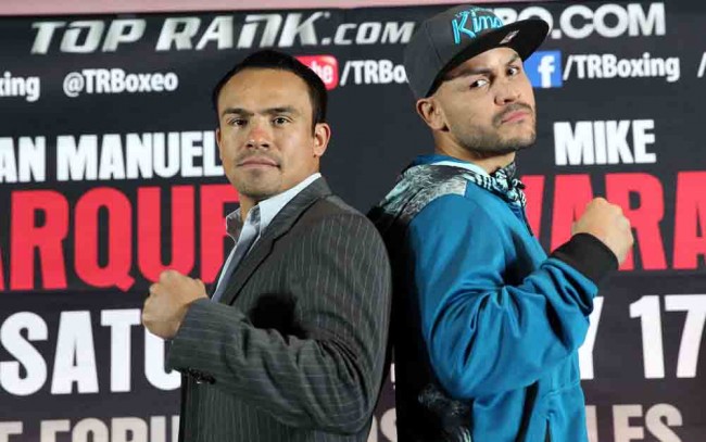 Juan Manuel Marquez (left) and Mike Alvarado (right) at a press conference for there May 17th match up. (bing.com)