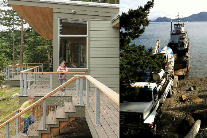 Left: Two of Phil and Erin Lowe’s children—their daughter, who goes by “Bean,” and one of their triplets, Aidan—enjoying cabin life on Obstruction Island. (Jeff Hobson)
Right: A truck and barge pour concrete as part of the construction of the Lowe home on the remote island. (Erin Lowe)   