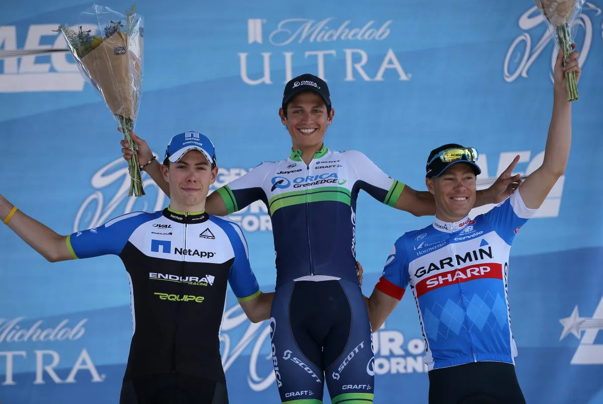 (L-R) David De La Cruz of Netapp-Endura in second place, Esteban Chaves of rica GreenEdge in first place and Tom Danielson of Garmin-Sharp in third place stand on the podium for Stage Six of the 2014 Amgen Tour of California from Santa Clarita to Mountain High on May 16, 2014 in Wrightwood, California. (Doug Pensinger/Getty Images)