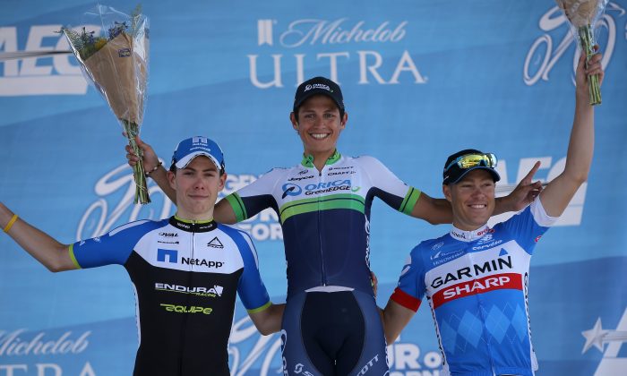 (L-R) David De La Cruz of Netapp-Endura in second place, Esteban Chaves of rica GreenEdge in first place and Tom Danielson of Garmin-Sharp in third place stand on the podium for Stage Six of the 2014 Amgen Tour of California from Santa Clarita to Mountain High on May 16, 2014 in Wrightwood, California. (Doug Pensinger/Getty Images)