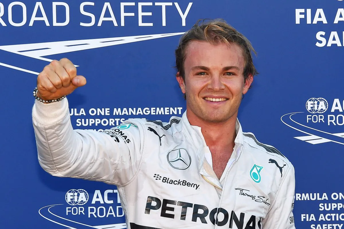 Mercedes driver Nico Rosberg punches with triumph in parc ferme of the Monte Carlo street circuit after taking the pole position in the qualifying session of the Formula One Monaco Grand Prix in Monte Carlo on May 24, 2014. (Anne-Christine Poujoulat/AFP/Getty Images)