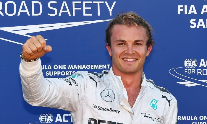 Mercedes driver Nico Rosberg punches with triumph in parc ferme of the Monte Carlo street circuit after taking the pole position in the qualifying session of the Formula One Monaco Grand Prix in Monte Carlo on May 24, 2014. (Anne-Christine Poujoulat/AFP/Getty Images)