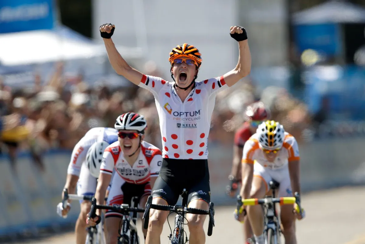 Will Routley of Optum p/b Kelly Benefit Strategies celebrates after he beats Gregory Daniel (L) of Bissell and the rest of the breakaway to win Stage Four of the 2014 Amgen Tour of California from Monterey to Cambria on May 14, 2014 in Cambria, California. (Ezra Shaw/Getty Images)