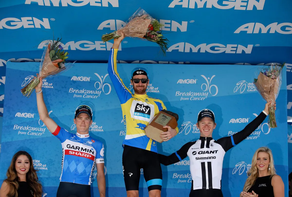 (L-R) Second place overall finisher Rohan Dennis of Garmin-Sharp, first place finisher Sir Bradley Wiggins of Sky and third place finisher Lawson Craddock riding for Giant-Shimano stand on the podium following Stage Eight of the 2014 Amgen Tour of California on May 18, 2014 in Thousand Oaks, California. (Ezra Shaw/Getty Images)