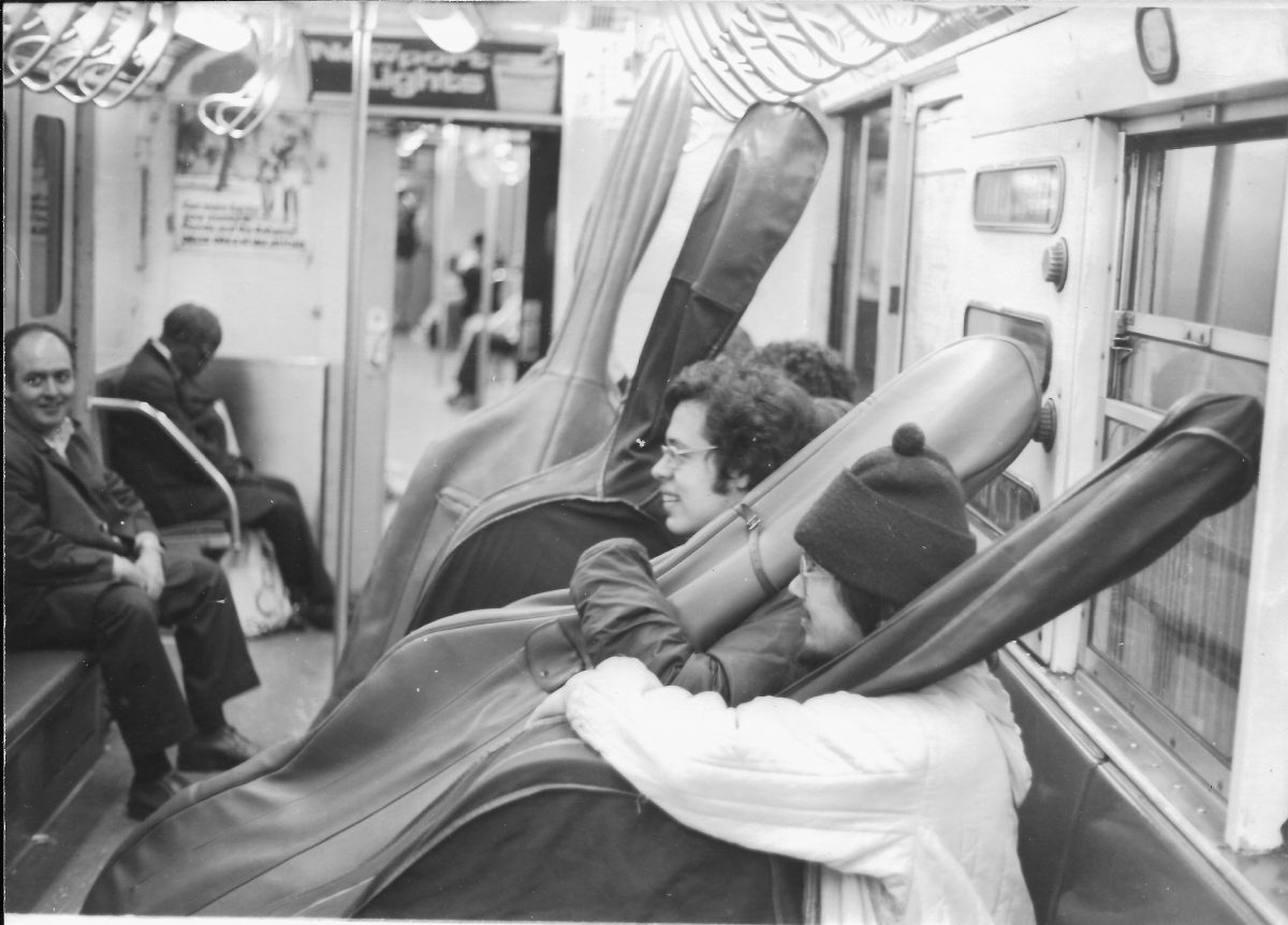 Joe Tamosaitis (2nd right), in the late ’70s,  was a member of the Times Square Basstet, here commuting on the New York subway.  (Courtesy of Bernie Tamosaitis)