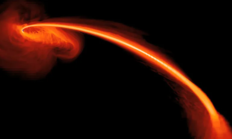 This computer-simulated image shows gas from a star that is ripped apart by tidal forces as it falls into a black hole. (NASA, S. Gezari, The Johns Hopkins University and J. Guillochon, University of California, Santa Cruz)